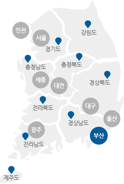 서울,인천,경기,강원,충남,충북,세종,대전,경북,경남,대구,울산,부산,전북,전남,광주,제주도의 구분이 있는 지도