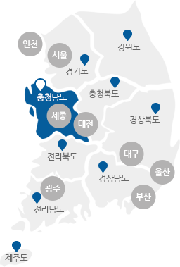 서울,인천,경기,강원,충남,충북,세종,대전,경북,경남,대구,울산,부산,전북,전남,광주,제주도의 구분이 있는 지도