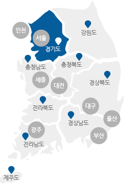 서울,인천,경기,강원,충남,충북,세종,대전,경북,경남,대구,울산,부산,전북,전남,광주,제주도의 구분이 있는 지도