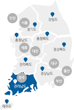 서울,인천,경기,강원,충남,충북,세종,대전,경북,경남,대구,울산,부산,전북,전남,광주,제주도의 구분이 있는 지도