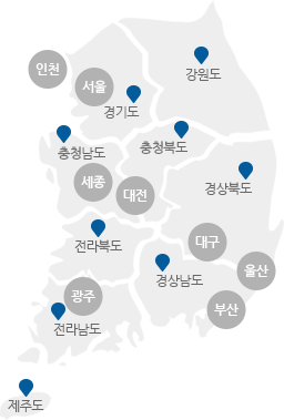 서울,인천,경기,강원,충남,충북,세종,대전,경북,경남,대구,울산,부산,전북,전남,광주,제주도의 구분이 있는 지도