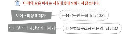 아래와 같은 피해는 지원대상에 포함되지 않습니다. 1.보이스피싱 피해자(금융감독원 문의 Tel:1332) 2.사기 및 기타 재산범죄 피해자(대한법률구조공단 문의 Tel:132)